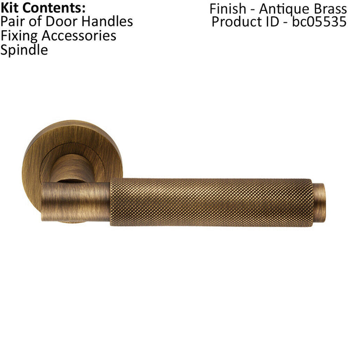 PAIR Knurled Grip Round Bar Handle on Round Rose Concealed Fix Antique Brass Loops