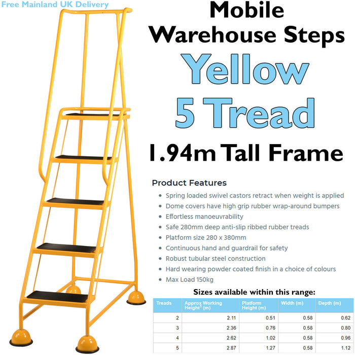5 Tread Mobile Warehouse Steps YELLOW 1.94m Portable Safety Ladder & Wheels Loops