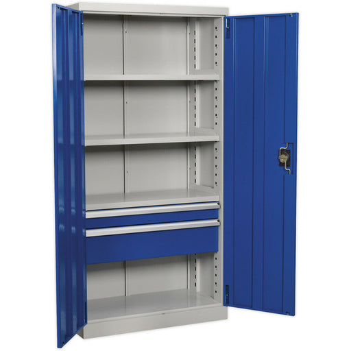 1800mm Double Door Industrial Cabinet - 2 Drawers & 3 Shelves - 3 Point Lock Loops