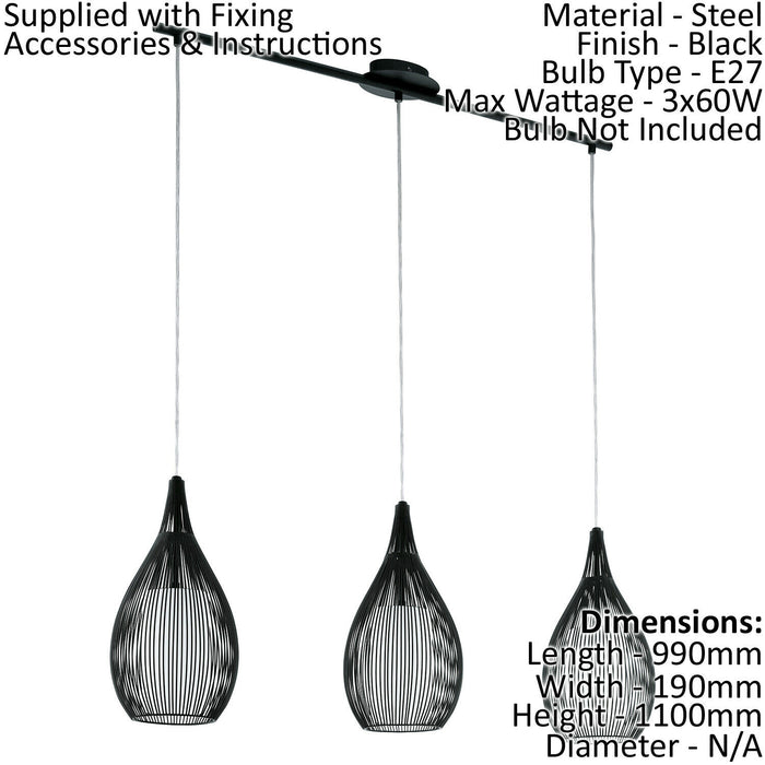 Pendant Light Colour Black Shade Black White Satin Glass Steel Bulb E27 3x60W Loops