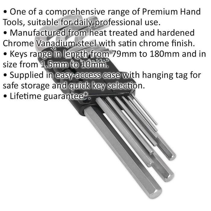 9 Piece Long Hex Key Set - 79-180mm Length - 1.5mm to 10mm Size - Hardened Steel Loops