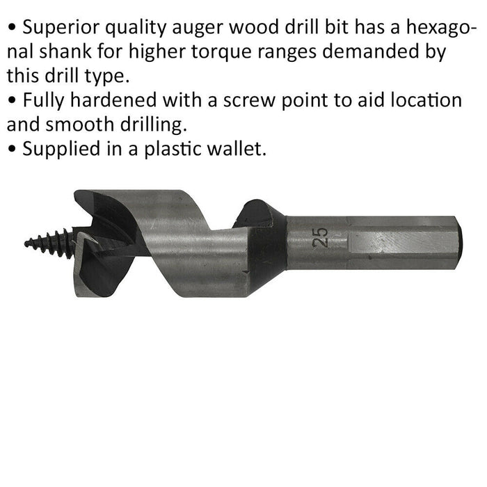 25 x 100mm Hardened Auger Wood Drill Bit - Hexagonal Shank - Woodwork Timber Loops