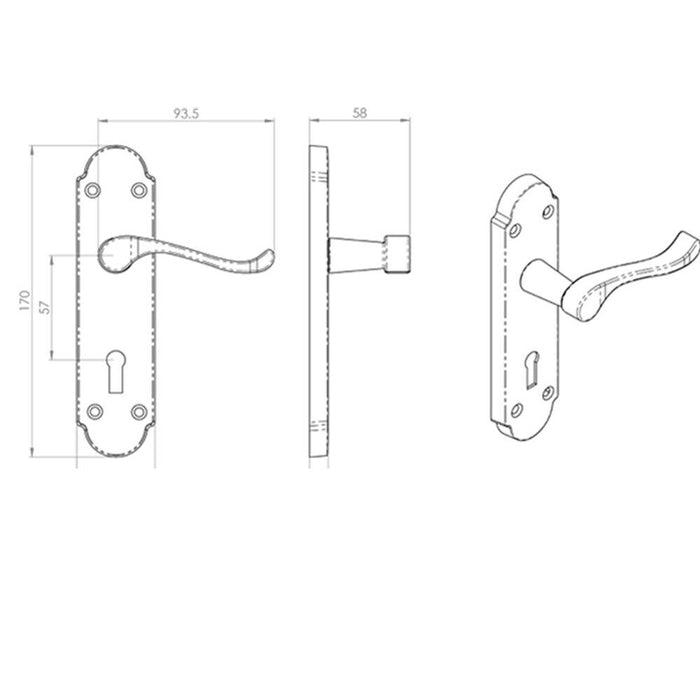 PAIR Victorian Upturned Handle on Lock Backplate 170 x 42mm Satin Chrome Loops