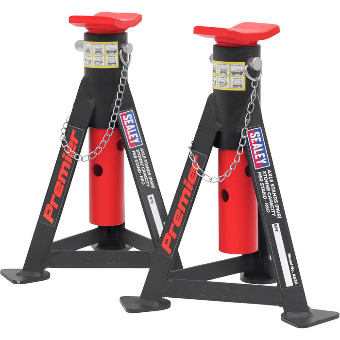 PAIR 3 Tonne Heavy Duty Axle Stands - 290mm to 435mm Adjustable Height - Red Loops