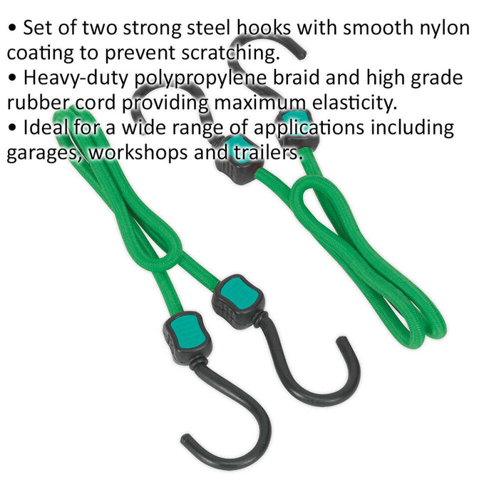 2 Piece 610mm Bungee Cord Set - Nylon Coated Steel Hooks - 1350mm Stretch Loops