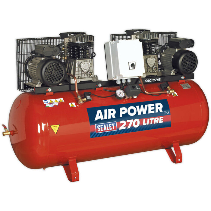 270 Litre Belt Drive Air Compressor - Dual 3hp Motors & Pumps - Cast Cylinders Loops