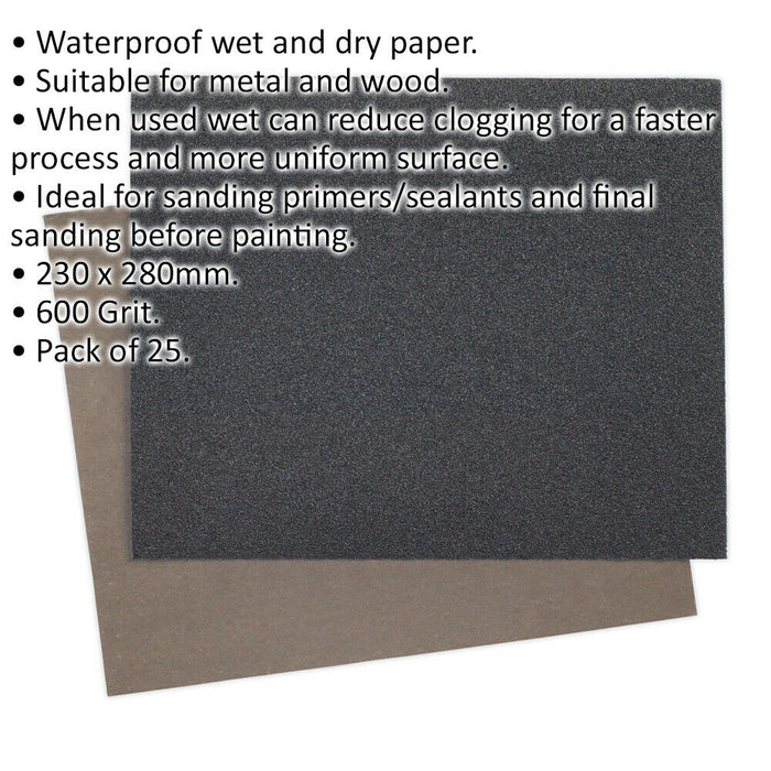 25 PACK Wet & Dry Abrasive Sand Paper - 230 x 280mm - 600 Grit - Waterproof Loops