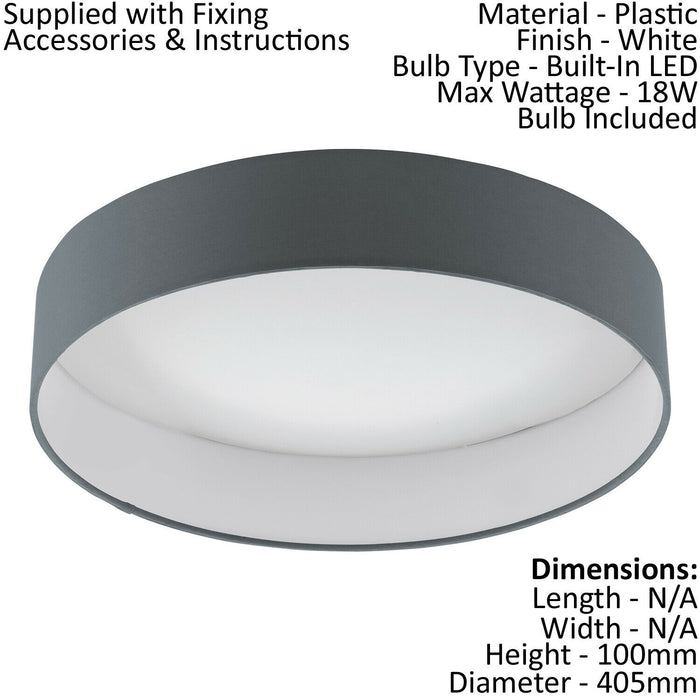 Flush Ceiling Light Colour White Shade Anthracite Fabric Bulb LED 18W Included Loops