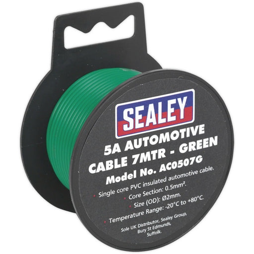 5A Thick Wall Automotive Cable - 7m Reel - Single Core - PVC Insulated - Green Loops