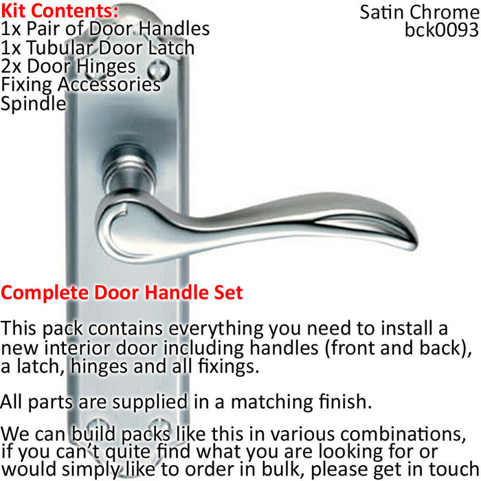 Door Handle & Latch Pack Satin Chrome Victorian Curved Lever Ornate Backplate Loops