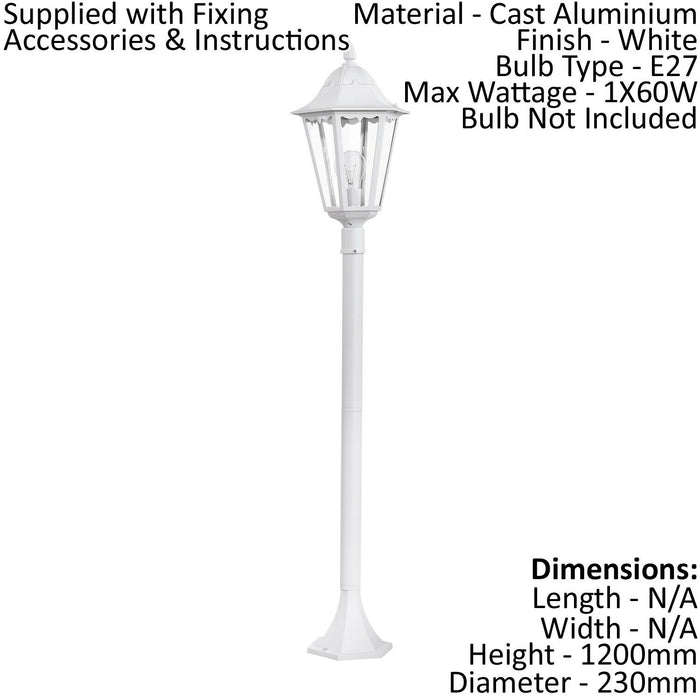 IP44 Outdoor Bollard Light White Aluminium Lantern 1 x 60W E27 Tall Lamp Post Loops