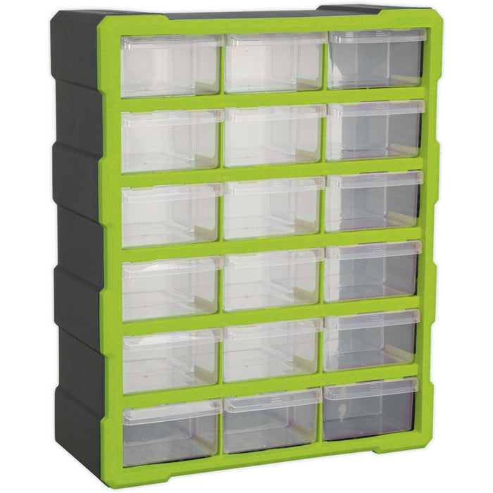 375 x 165 x 470mm 18 Drawer Parts Cabinet - GREEN - Wall Mounted / Standing Box Loops
