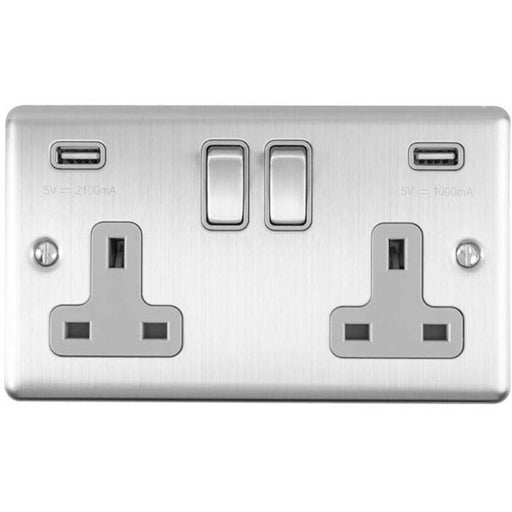 2 Gang Single UK Plug Socket & Dual 2.1A USB SATIN STEEL & Grey 13A Switched Loops