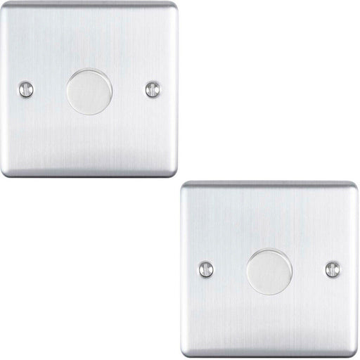 2 PACK 1 Gang 400W 2 Way Rotary Dimmer Switch SATIN STEEL Light Dimming Plate Loops