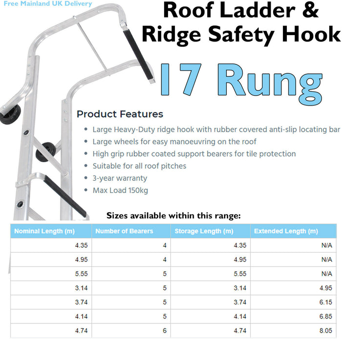 17 Rung Roof Ladder & Ridge Safety Hook Single Section 4.3m Tile Grip Steps Loops