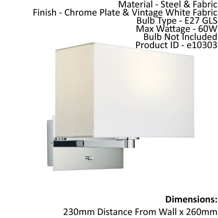 Wall Light & Shade Chrome Plate & Vintage White Fabric 60W E27 GLS e10303 Loops