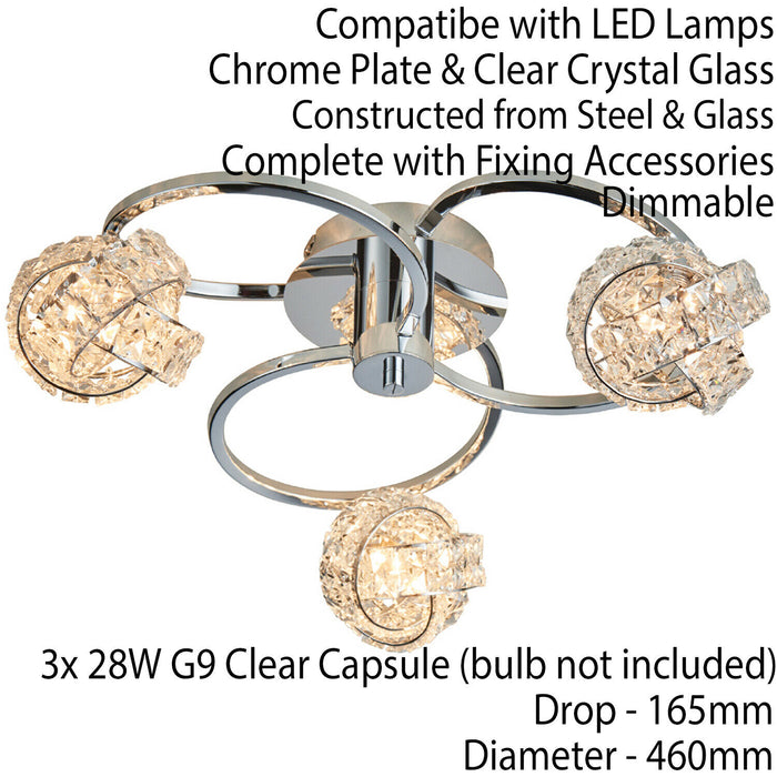 Semi Flush Ceiling Light Chrome & Crystal Knott 3 Lamp Hanging Feature Pendant Loops
