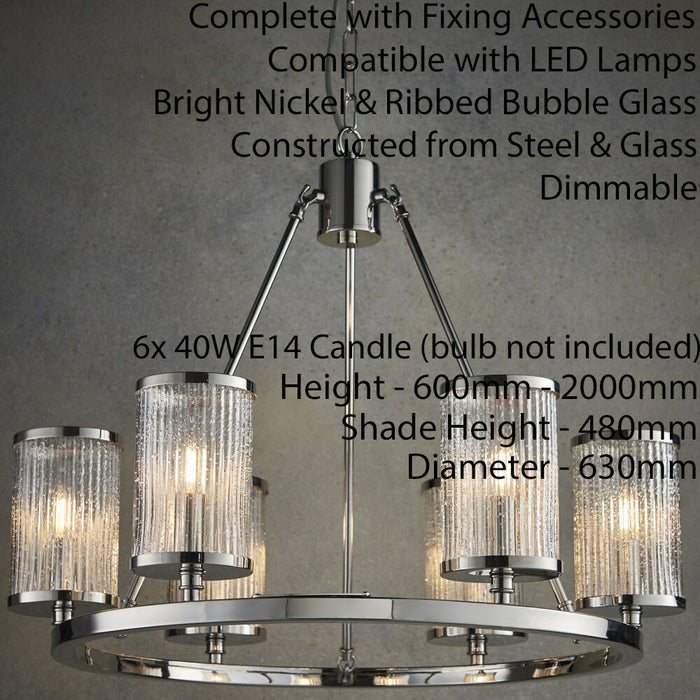 6 Light Chandelier Pendant Nickel Ribbed Glass Shade Hanging Ceiling Lamp Holder Loops