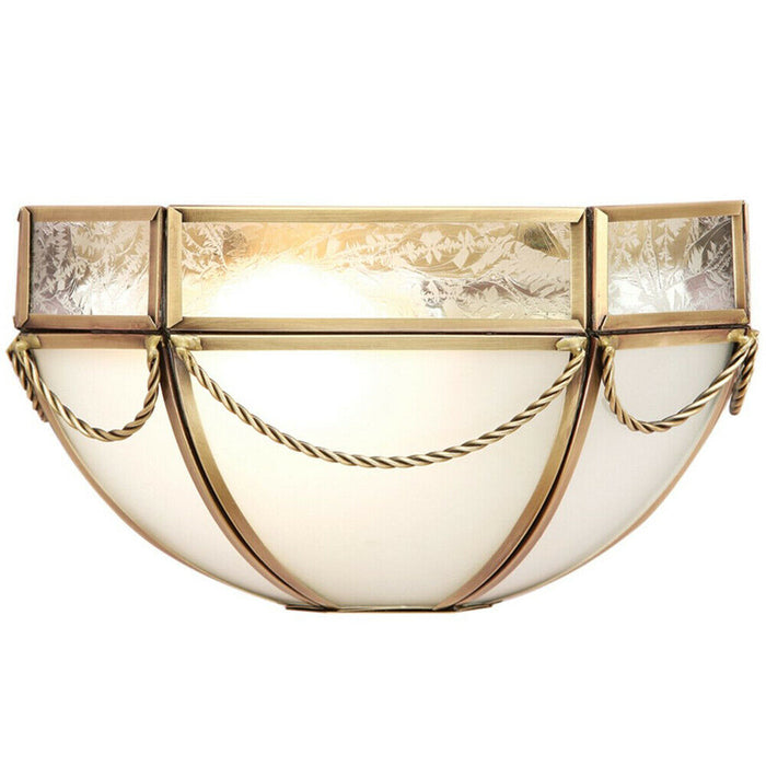 Luxury Traditional Half Bowl Wall Light Antique Brass & Diffused Glass Shade Loops