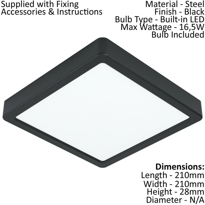 Wall / Ceiling Light Black 210mm Square Surface Mounted 16.5W LED 3000K Loops
