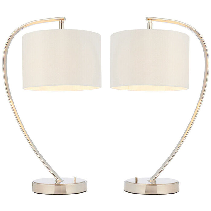 2 PACK Modern Curved Arm Table Lamp Nickel & White Shade Bedside Feature Light Loops