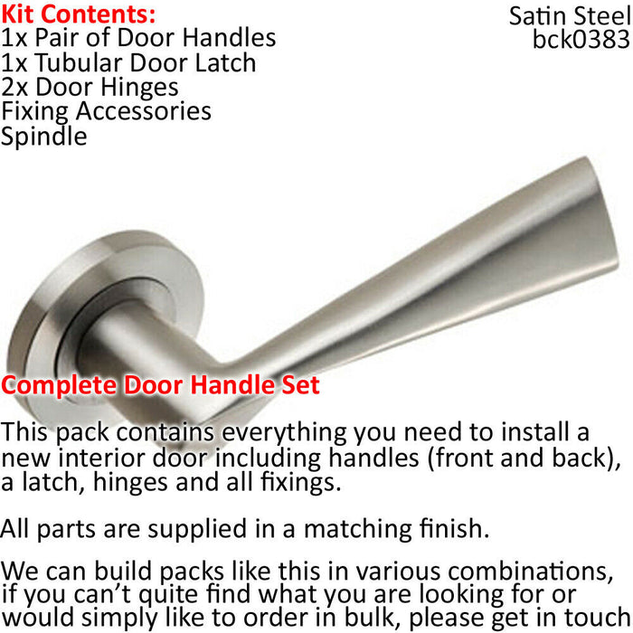 Door Handle & Latch Pack Satin Steel Angled Twist Lever Screwless Round Rose Loops