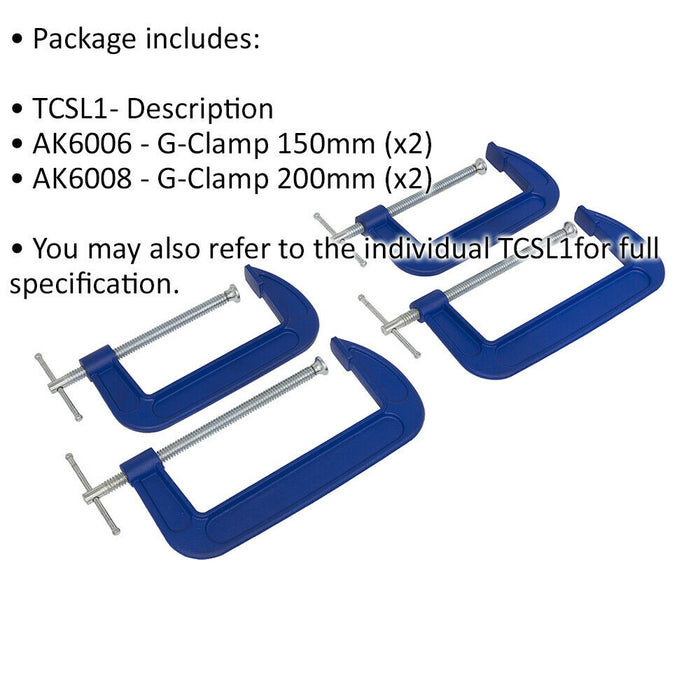 4 Piece G-Clamp Set - Heavy Duty Forged Clamp - 2x 150mm and 2x 200mm Clamps Loops