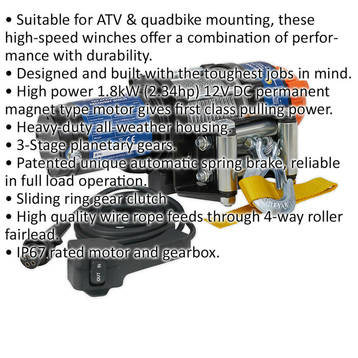12V ATV Quadbike Recovery Winch - 1135kg Line Pull - Heavy Duty Housing Loops