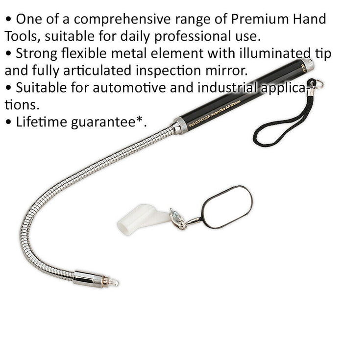 520mm Flexible Inspection Mirror with Light - Illuminated Tip - Battery Powered Loops