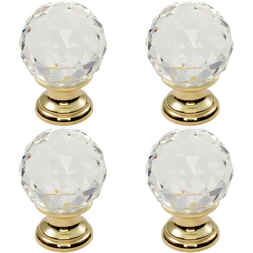 4x Faceted Crystal Cupboard Door Knob 31mm Dia Polished Brass Cabinet Handle Loops