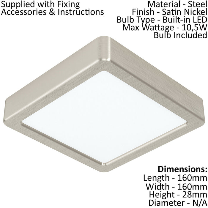 Wall / Ceiling Light Satin Nickel 160mm Sqaure Surface Mounted 10.5W LED 3000K Loops