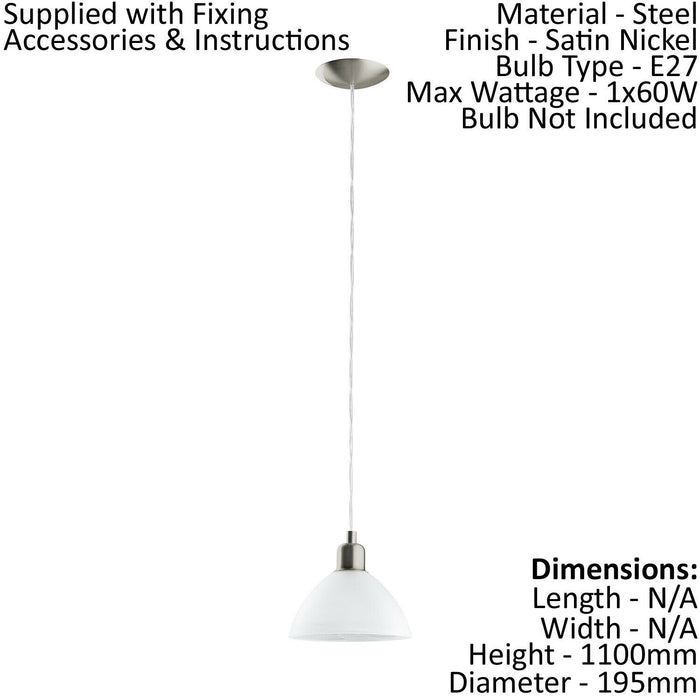 Pendant Light Colour Satin Nickel Shade White Glass Alabaster Bulb E27 1x60W Loops