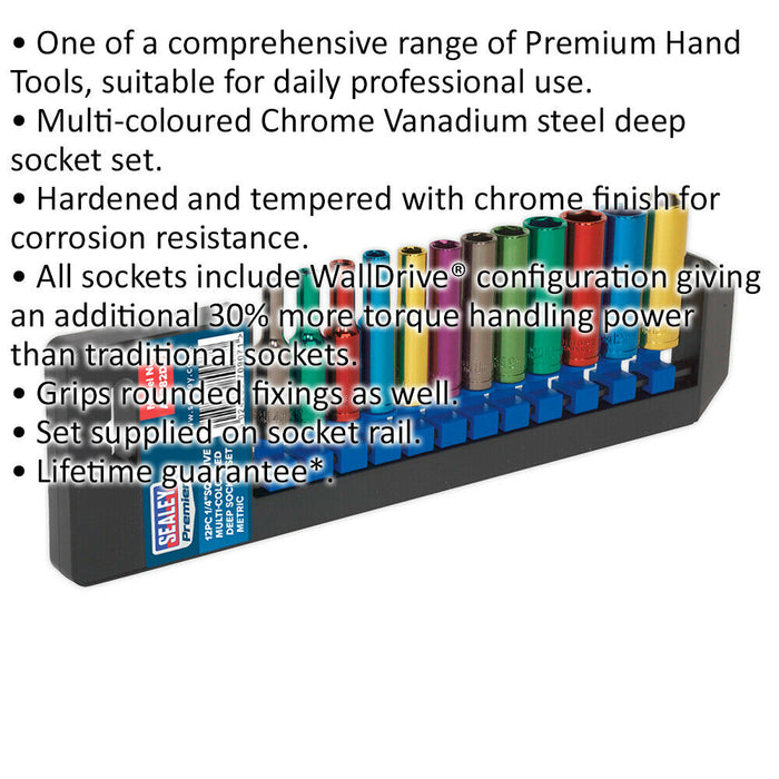 12 PACK Multi Colour DEEP Socket Set 1/4" Metric Square Drive - 6 Pt WallDrive Loops