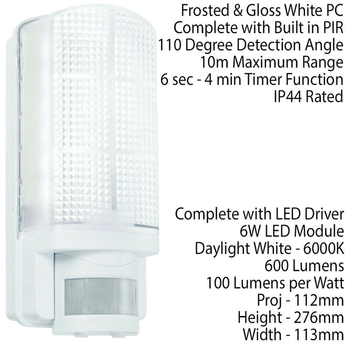 WHITE IP44 Outdoor Wall Bulkhead Light & 10m PIR Motion Sensor 6W Daylight LED Loops