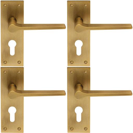 4x PAIR Flat Straight Lever on Slim Euro Lock Backplate 150 x 50mm Antique Brass Loops