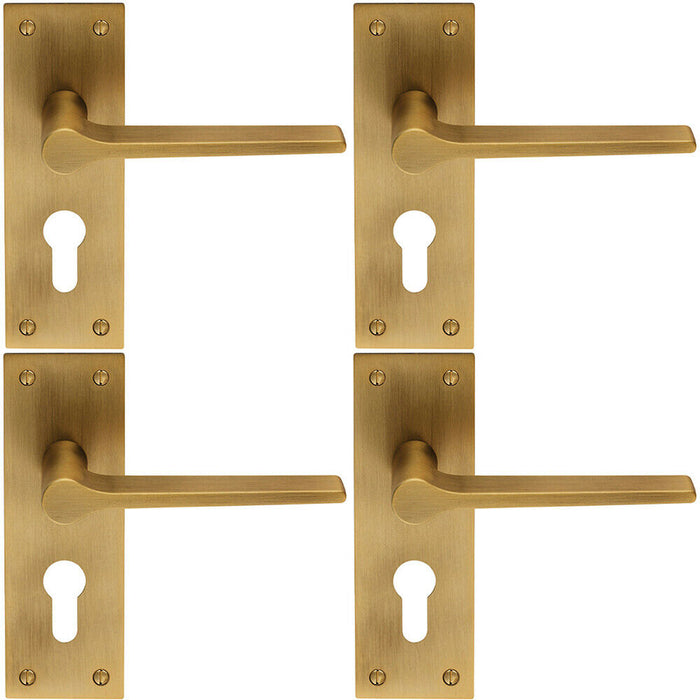 4x PAIR Flat Straight Lever on Slim Euro Lock Backplate 150 x 50mm Antique Brass Loops