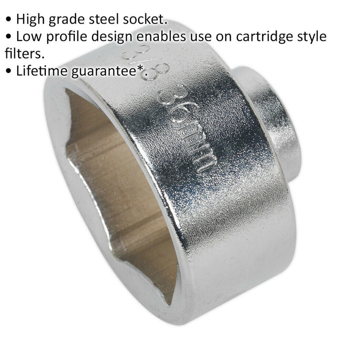 36mm Low Profile Oil Filter Socket - 3/8" Sq Drive - High Grade Steel Socket Loops