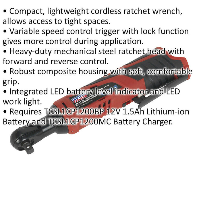 12V Cordless Ratchet Wrench - 3/8" Sq Drive - BODY ONLY - Variable Speed Control Loops