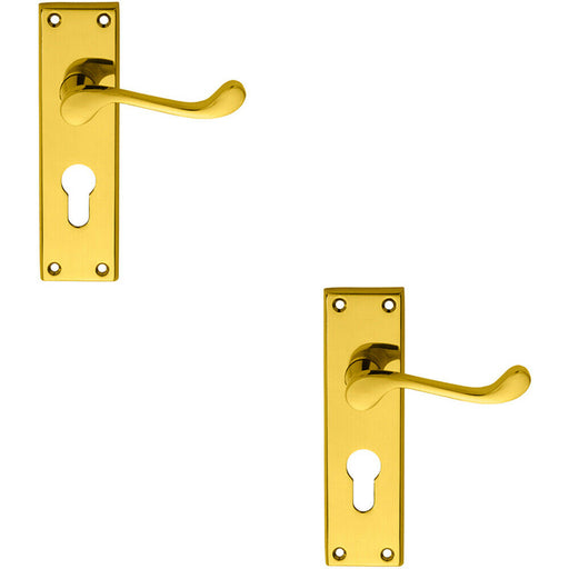 2x PAIR Victorian Scroll Lever on Euro Lock Backplate 150 x 43mm Polished Brass Loops