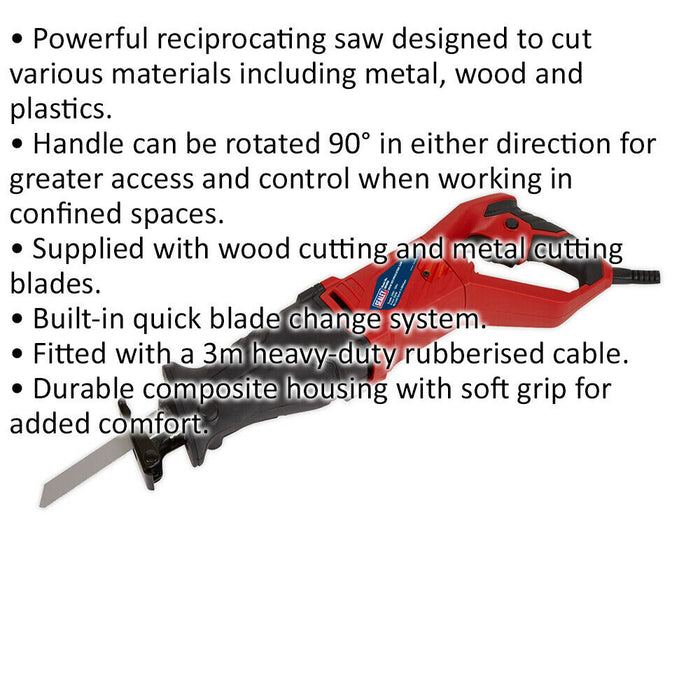 Electric Reciprocating Saw - 850W 230V - ROTATING HANDLE - Wood & Metal Cutter Loops