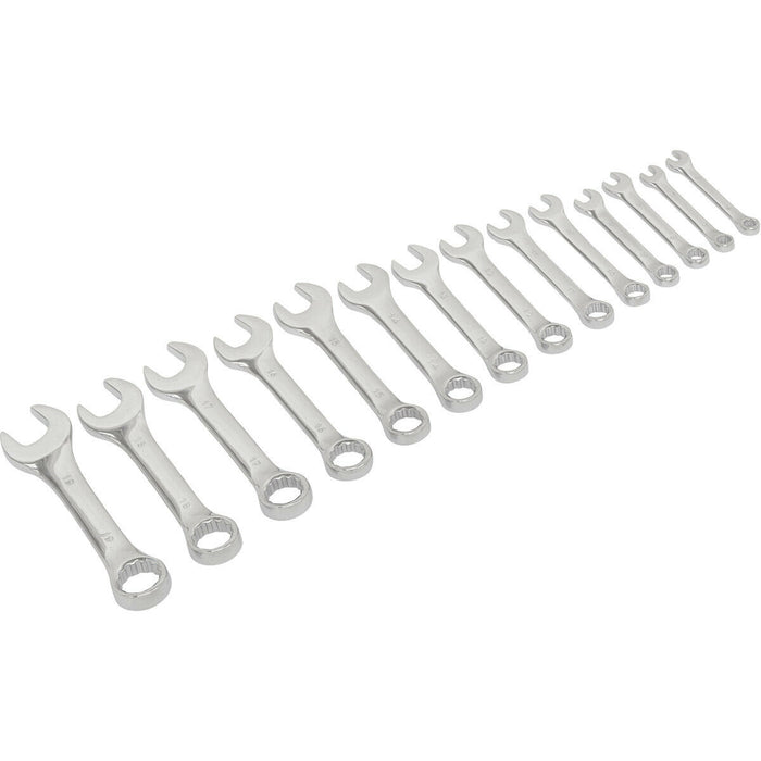 14pc STUBBY Short Handled Combination Spanner Set 12 Point Metric Ring Open Head Loops