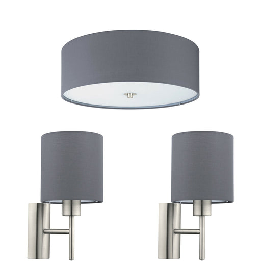 Low Ceiling Light & 2x Matching Wall Lights Grey Fabric Round Shade Lamp Loops