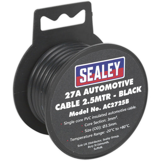 Black 27A Thick Wall Automotive Cable - 2.5m Reel - Single Core - PVC Insulated Loops