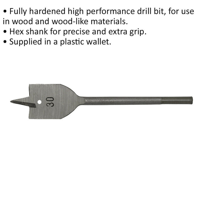 30 x 152mm Fully Hardened Wood Drill Bit - Hex Shank - High Performance Woodwork Loops