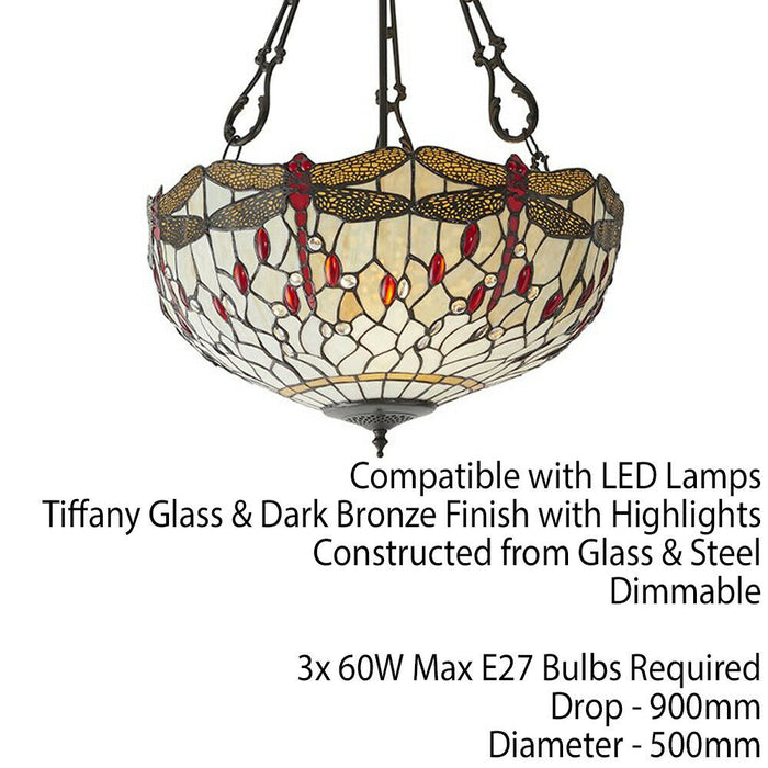 Tiffany Glass Hanging Ceiling Pendant Light Bronze & Dragonfly Lamp Shade i00102 Loops