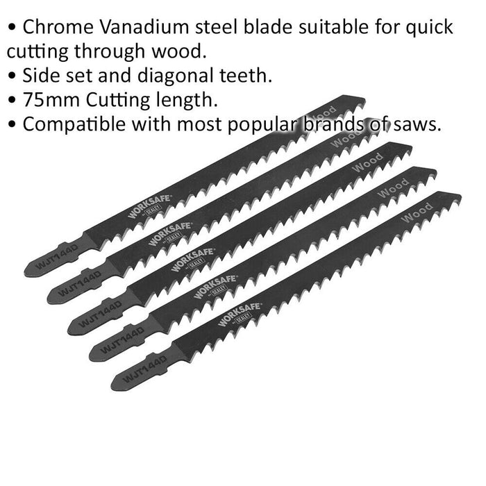 5 PACK 75mm Chrome Vanadium Steel Jigsaw Blade - 6 TPI - Side Set Teeth - Wood Loops