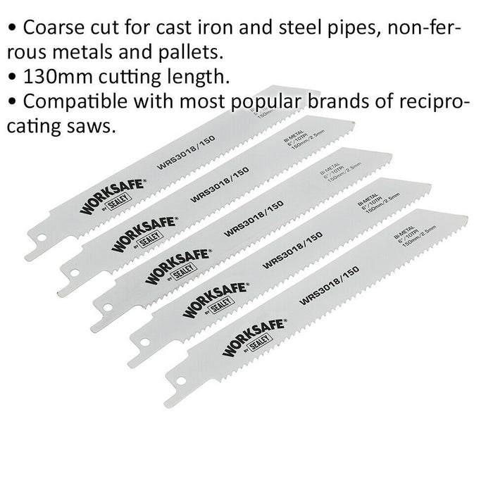 5 PACK 150mm Reciprocating Saw Blade - 10 TPI - Suitable for Iron Steel Pipes Loops