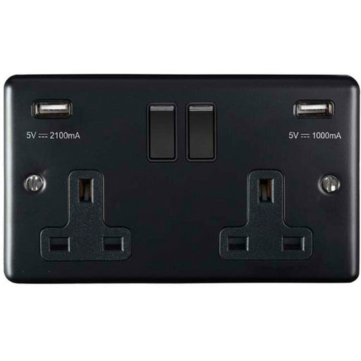 2 Gang Single UK Plug Socket & Dual 2.1A USB MATT BLACK & Black 13A Switched Loops