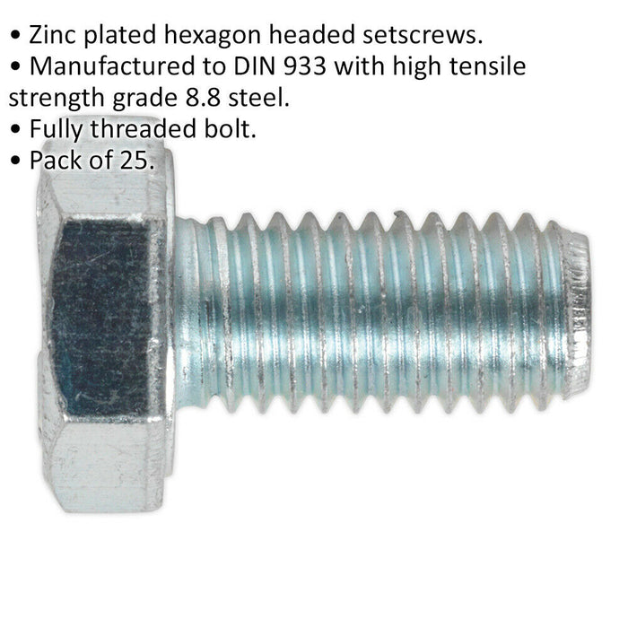 25 PACK HT Setscrew - M10 x 20mm - Grade 8.8 Zinc - Fully Threaded - DIN 933 Loops