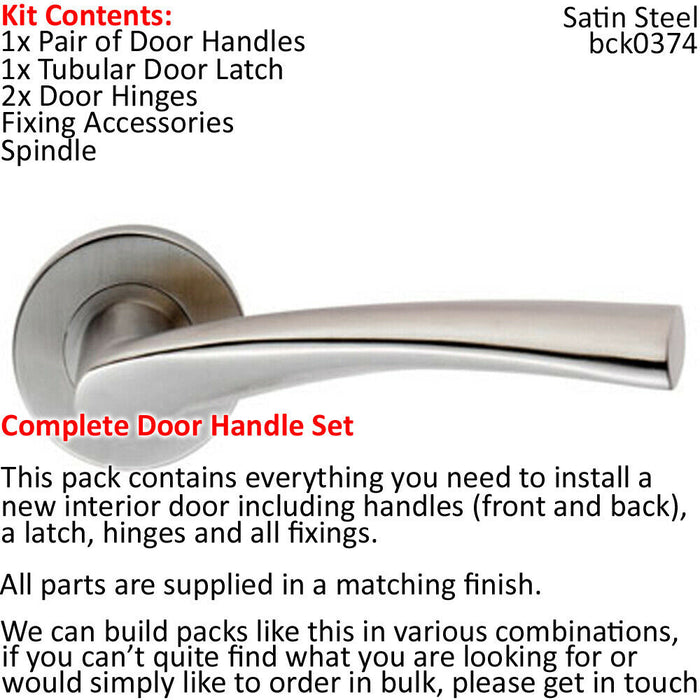 Door Handle & Latch Pack Satin Steel Twisted Arched Lever Screwless Round Rose Loops